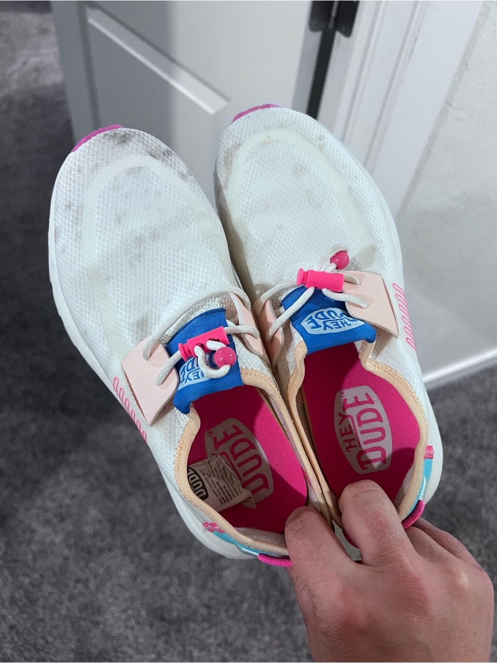 Womens HEY DUDES White and Pink Athletic Shoes with Blue Accents